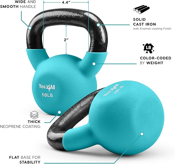 Yes4All Kettlebell, 5-65 LB Neoprene Coated Cast Iron Kettlebells, Wide Grip Handle & Flat Bottom for Swings, Squats, Deadlifts, Push Ups & Full Body Training at Home Gym - Single & Set