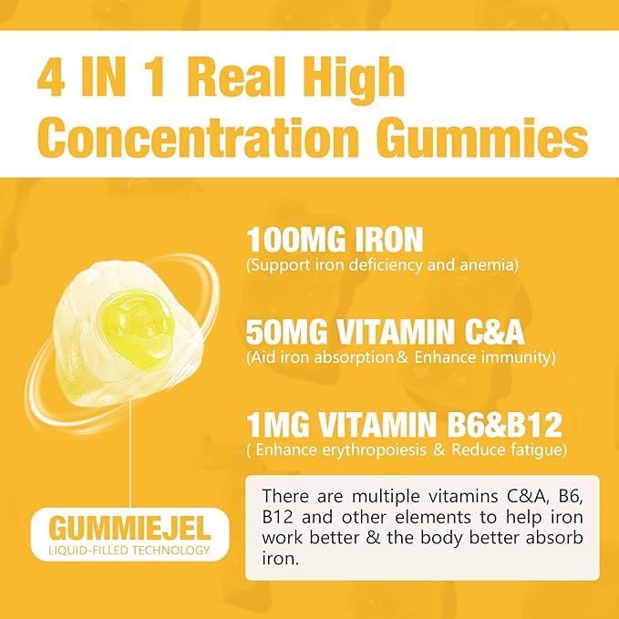2 Packs 100MG Iron Supplement Gummies for Women & Men - with Vitamin A, C, B - Energy Support for Iron Deficiency, Anemia, Adults ＆ Children, Pineapple Flavor Gummy, 120ct