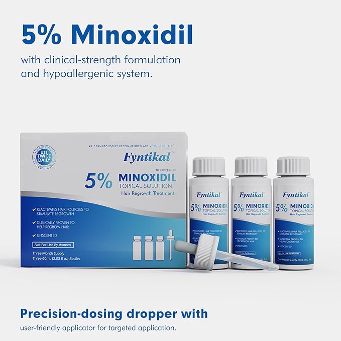 5% Minoxidil for Men, Extra Strength Hair Growth Serum, Beard Growth Oil, Fast Absorbing Dropper, Non Greasy, Low Residue Formula, 3-Pack for 3 Months, Hair Regrowth Treatment for Thinning Hair