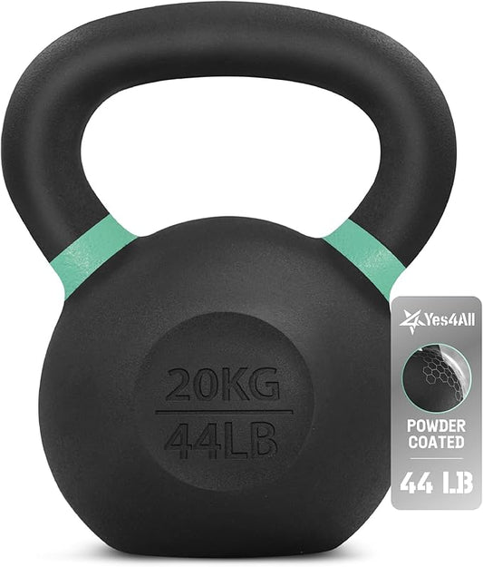 Yes4All Powder Coated Kettlebell, Cast Iron Core Kettlebells with Non-Slip Handle & Flat Bottom for Conditioning, Heavy Duty for Strength Training, 9lb to 71lb - Single & Pair
