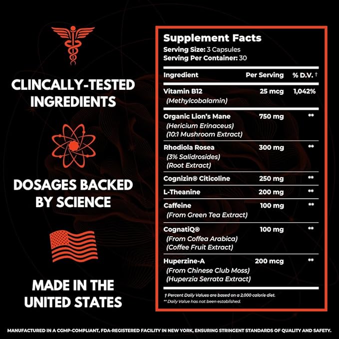 Advanced Nootropic Brain Supplement for Energy, Memory, & Focus | Lion's Mane, Caffeine, L-Theanine, and 5 Additional All-Natural Ingredients to Improve Cognitive Health (90 Capsules)