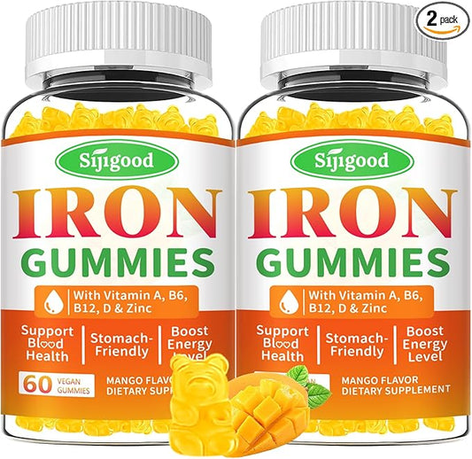 2 Pack Iron Gummies for Women & Men - Vegan Iron Supplement for Anemia & Iron Deficiency, with Vitamin B12, Vitamin C, Zinc, Folate - Energy Boost, Sugar-Free, Mango Flavor, 120 Count