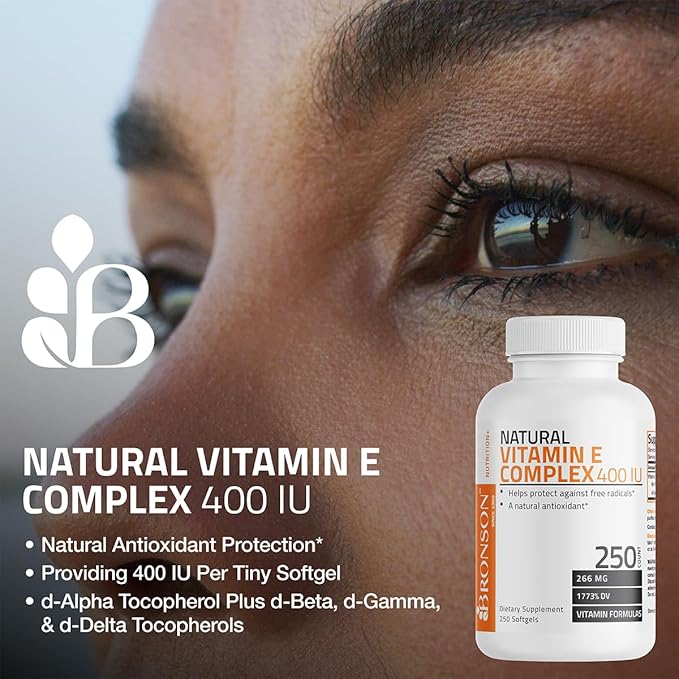 Bronson Natural Vitamin E Complex 400 I.U. Supplement (d-Alpha Tocopherol Plus d-Beta, d-Gamma, & d-Delta Tocopherols), Natural Antioxidant, 250 Softgels