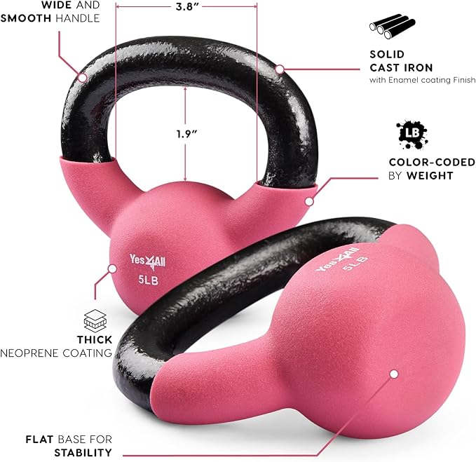 Yes4All Kettlebell, 5-65 LB Neoprene Coated Cast Iron Kettlebells, Wide Grip Handle & Flat Bottom for Swings, Squats, Deadlifts, Push Ups & Full Body Training at Home Gym - Single & Set