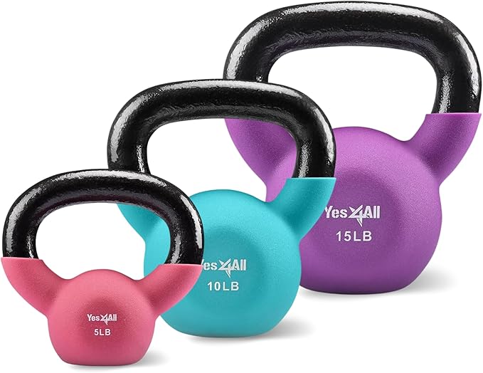 Yes4All Kettlebell, 5-65 LB Neoprene Coated Cast Iron Kettlebells, Wide Grip Handle & Flat Bottom for Swings, Squats, Deadlifts, Push Ups & Full Body Training at Home Gym - Single & Set