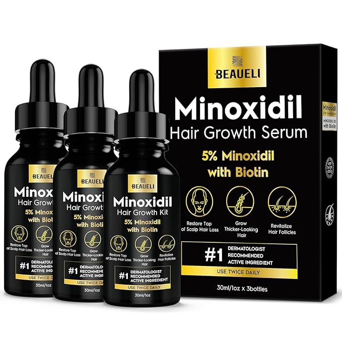 5% Minoxidil for Men and Women, Hair Growth, Beard Growth, Hair Regrowth, Unscented Drop, 3 Fl Oz, 3 Bottles