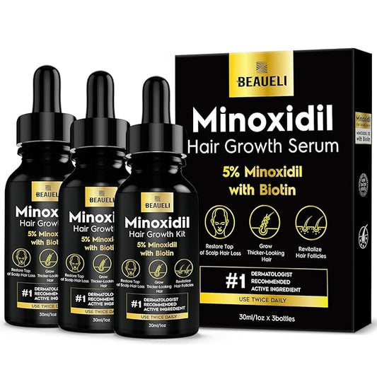 5% Minoxidil for Men and Women, Hair Growth, Beard Growth, Hair Regrowth, Unscented Drop, 3 Fl Oz, 3 Bottles