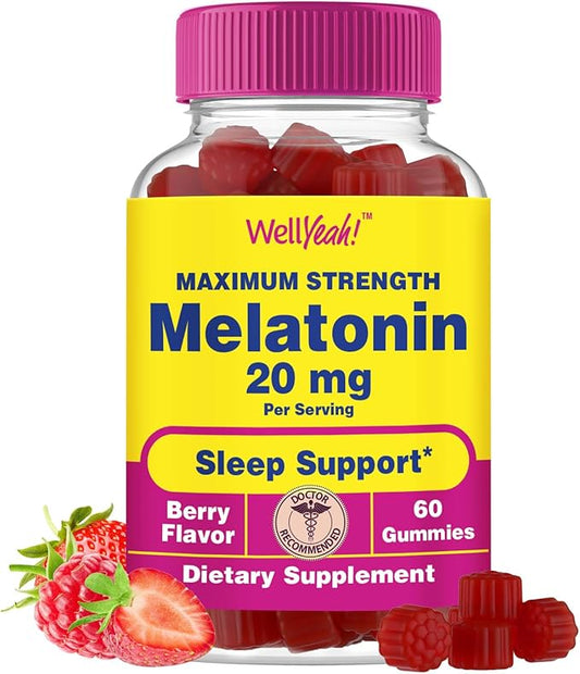 WellYeah Melatonin Gummies 20mg | Sleep Support | Maximum Strength Melatonin 20mg Gummies for Adults | Fast Dissolved | Great Berry Flavor | 60 Count | Vegan, Non GMO
