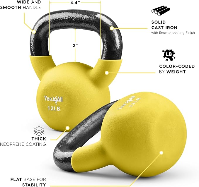 Yes4All Kettlebell, 5-65 LB Neoprene Coated Cast Iron Kettlebells, Wide Grip Handle & Flat Bottom for Swings, Squats, Deadlifts, Push Ups & Full Body Training at Home Gym - Single & Set