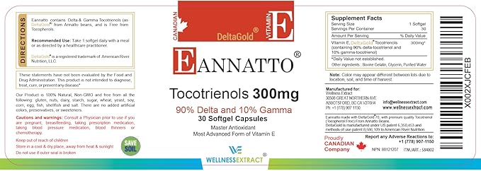 Eannatto Tocotrienols Vitamin E Supplements Tocopherol Free, Supports Immune Health, Non-GMO, Gluten Free & Antioxidant (300MG 30 Softgels)