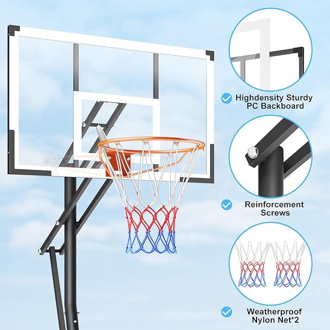 10FT Basketball Hoop Adjustable Easily, Portable Hoops & Goals Outdoor Basketball Goal System with PC Backboard and Wheels for Teens Youth Adults