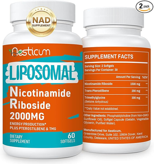 2000 MG Nicotinamide Riboside, NMNH Supplement Alternative, Liposomal Nicotinamide Riboside Supplement with TMG & Pterostilbene - NAD*, Energy, Focus, Immunity, Age Resist - 120 Softgels