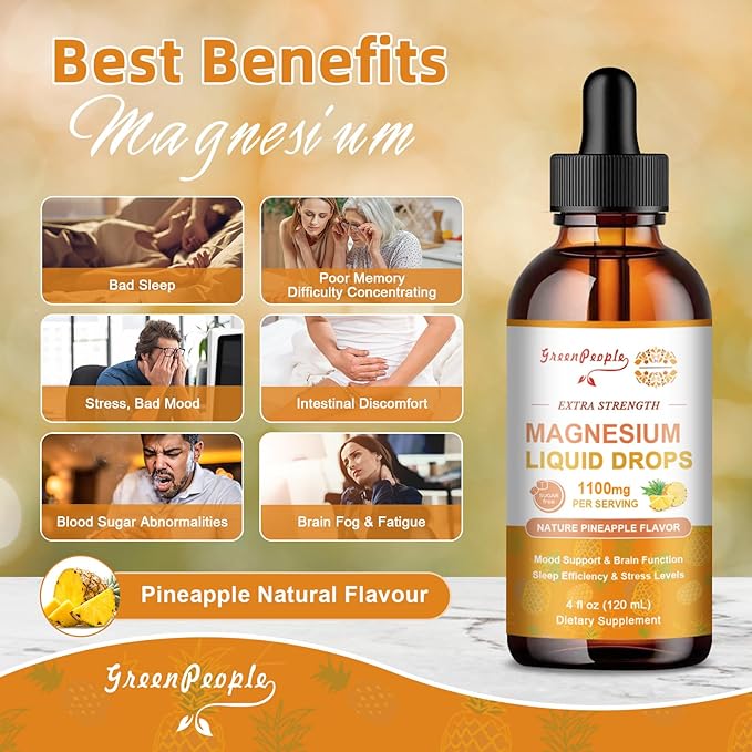 17-in-1 Triple Magnesium Complex Supplement,Magnesio Liquid Drops with Magnesium Glycinate & Citrate,Pineapple Flavor,Calm Mood,Muscle & Sleep for Adults,4 fl. oz 2Pack