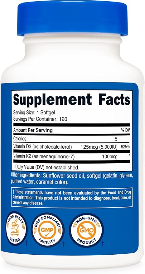 Nutricost Vitamin K2 (MK7) (100mcg) + Vitamin D3 (5000 IU) 120 Softgels - Gluten Free and Non-GMO