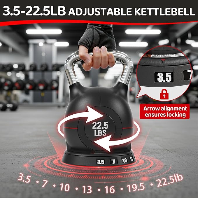 LIFERUN Adjustable Kettlebell Weight Set, 7 Weights, 22.5 lb or 44 lb, Quick-Change Handle for Home Gym, Space-Saving Design for Strength Training
