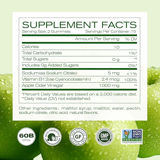 ACV Gummies – Apple Cider Vinegar with The Mother & Vitamin B12 | Zero Sugar, Vegan, Gelatin-Free, Non-GMO, Gluten-Free | Daily Digestive & Energy Support-30count