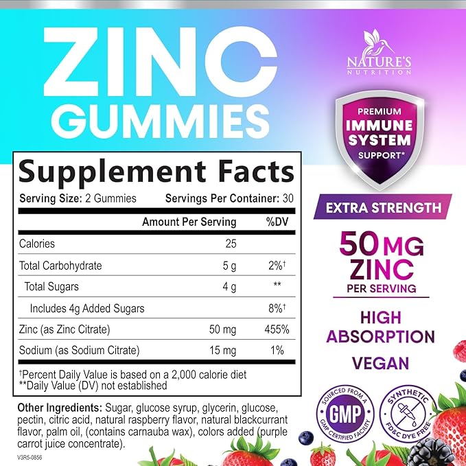 Zinc Gummies 50mg - Bone Skin & Immune Support Health Gummy & Premium Antioxidant Chewable for Adults - High Absorption Vegan, Gluten Free Zinc Supplements Vitamin - Tasty Berry Flavor - 60 Gummies
