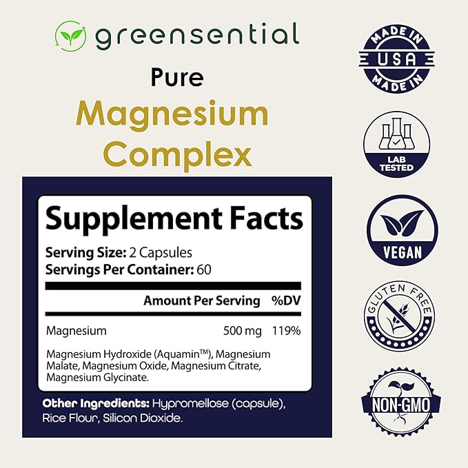 5-in-1 Magnesium Complex 500mg with Aquamin® | 2-Month Supply | Glycinate, Oxide, Citrate, Malate | High Absorption for Sleep, Muscles & Energy | Vegan, 120 Ct