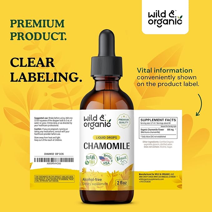Wild & Organic Chamomile Tincture - Relaxing & Calming Chamomile Supplement - Liquid Flower Extract Drops - Vegan, Sugar & Alcohol-Free - 2 fl oz