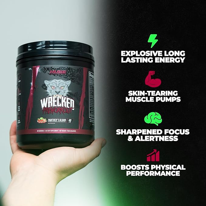 Wrecked Pre Workout, Advanced Formula, Boosts Energy, Focus, Pumps & Performance, 10g L-Citrulline, 6.4g Beta Alanine, 5g Tyrosine, 1g Alpha GPC, 375mg Fast-Acting Caffeine & More (Panther's Blood)