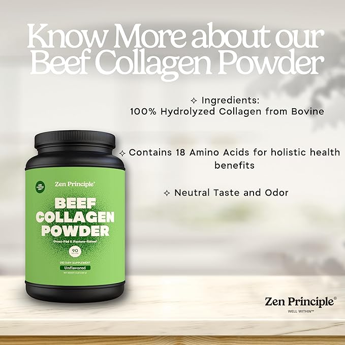 Zen Principle Grass-Fed Agglomerated Hydrolyzed Collagen Peptides 3 lb. Anti-Aging Protein Powder for Healthy Hair, Skin & Joints. Paleo and Keto Friendly, GMO and Gluten Free, Pasture-Raised Bovine.