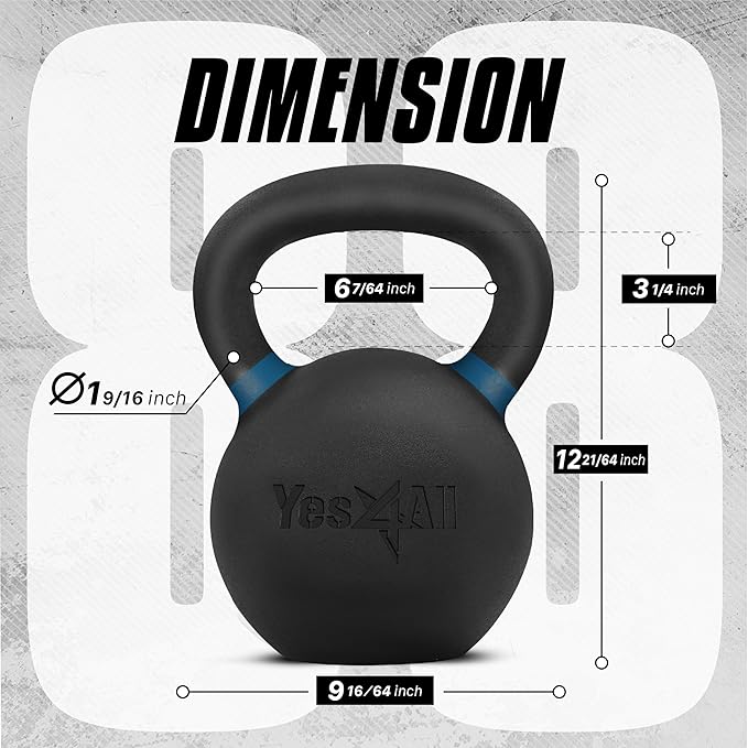 Yes4All Powder Coated Kettlebell, Cast Iron Core Kettlebells with Non-Slip Handle & Flat Bottom for Conditioning, Heavy Duty for Strength Training, 9lb to 71lb - Single & Pair