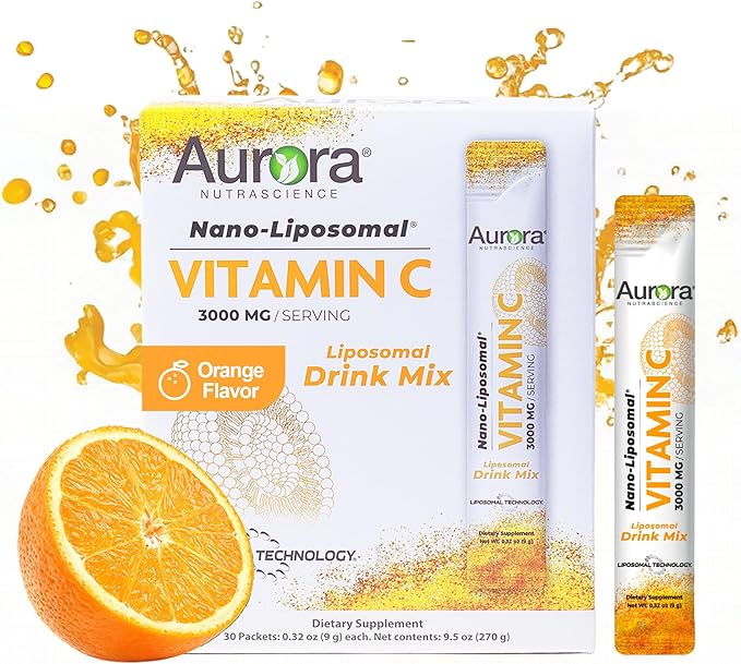 Aurora Nutrascience Nano-Pack Liposomal Vitamin C Powder Drink Mix, Immune Support, High Strength 3,000 mg Per Serving, 30 Single Serve Packets, Orange