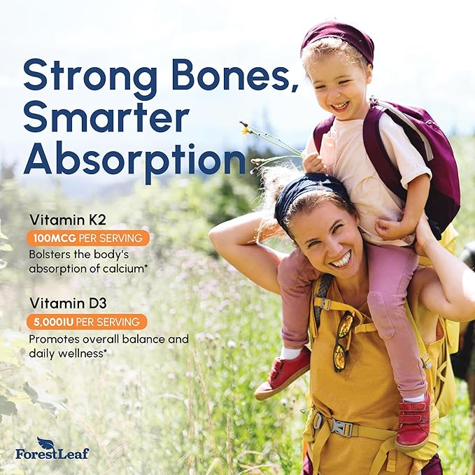 ForestLeaf Vitamin D3 + K2 (MK7) Supplement - MenaQ7 - Calcium and Vitamin D3 5000 IU Max Absorption - Teeth and Bone Strength, Heart Health, Immune System Support - 60 Veggie Capsules