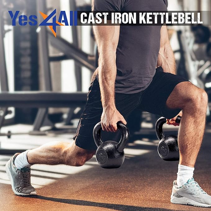 Yes4All Kettlebell Sets, 5 - 10 - 15 - 20 - 25 - 30 LB Cast Iron Strength Training Kettlebells, Wide Handles & Flat Bottom, Multi-Level from Beginners to Pros for Strength Training & Home Gym