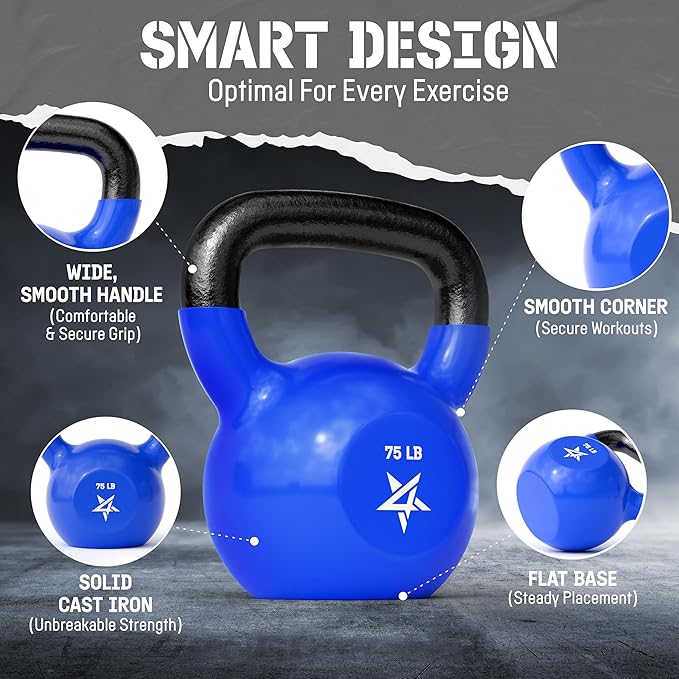 Yes4All Kettlebell, 5-100 LB Vinyl Coated Cast Iron Strength Training Kettlebells for Home Gym Exercises, Fitness, Full Body Workout Equipment, Push Ups, and Grip Strength