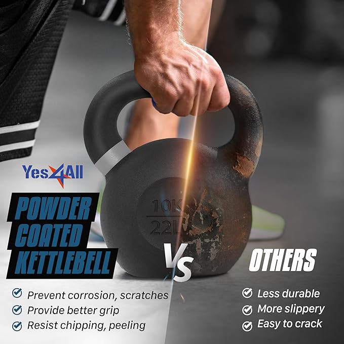 Yes4All Powder Coated Kettlebell, Cast Iron Core Kettlebells with Non-Slip Handle & Flat Bottom for Conditioning, Heavy Duty for Strength Training, 9lb to 71lb - Single & Pair