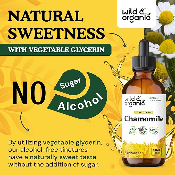 Wild & Organic Chamomile Flowers Tincture - Calming Supplement for Relaxation - Chamomile Extract Liquid Drops - Vegan, Sugar & Alcohol-Free - 4 fl oz