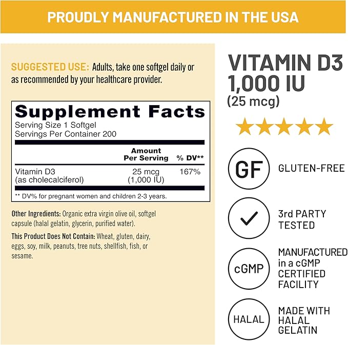 NatureWise Vitamin D3 1000iu (25 mcg) 200-Day Supply for Immune Support, Healthy Muscle Function, and Bone Health - Non-GMO, Gluten Free in Organic Extra Virgin Olive Oil, (Mini Softgel), 200 Count