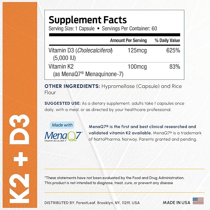 ForestLeaf Vitamin D3 + K2 (MK7) Supplement - MenaQ7 - Calcium and Vitamin D3 5000 IU Max Absorption - Teeth and Bone Strength, Heart Health, Immune System Support - 60 Veggie Capsules