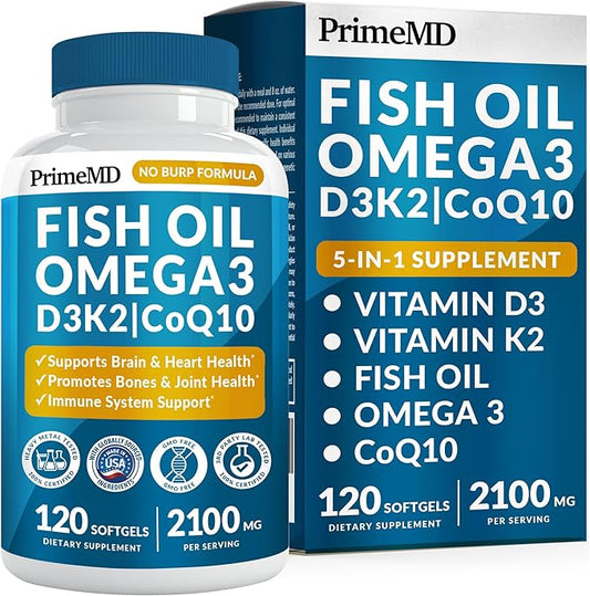 4-in-1 Fish Oil Omega 3 Fatty Supplements (2100mg) - Omega 3 Fish Oil with Vitamins D3 K2 and CoQ10 - Lemon Flavored (120 softgels)