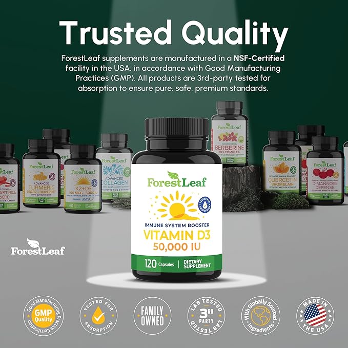 ForestLeaf - Vitamin D3 IU Weekly Supplement - Vitamin D Capsules for Bones, Teeth, and Immune Support - Easy Swallow Pure Vitamin D3 Caps (50,000 IU - 120 Count - 2 Pack)