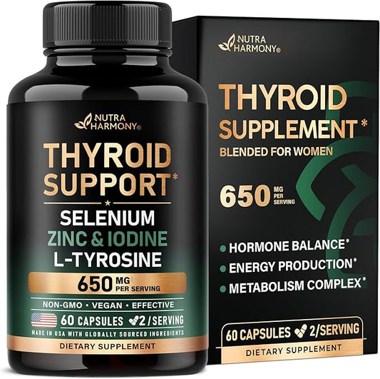 Thyroid Support for Women - Astragalus | Selenium 200 mcg | Zinc & Iodine | L-Tyrosine | Adaptogen Herbs - 21-in-1 Antioxidant & Immune Support - Vegan, Non-GMO, Lab Tested - 60 Capsules, Made in USA