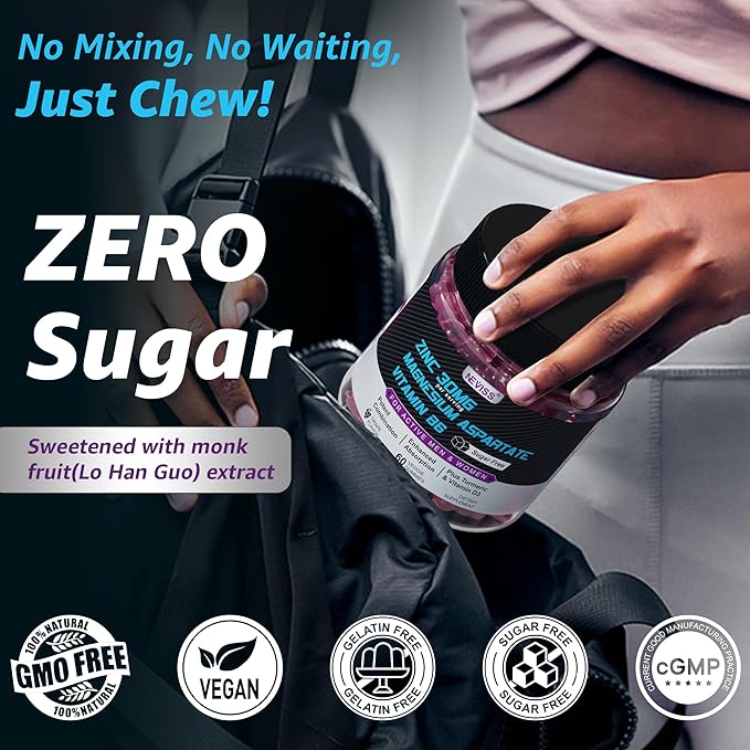 Zinc and Magnesium Supplement, Zinc Magnesium Aspartate Post Workout Gummies for Men Women, with Vitamin B6, B12, D3, Turmeric for Nighttime Recovery, Reduce Fatigue, Boost Immunity & Sleep, 60 Count