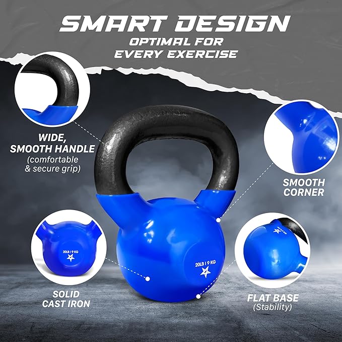 Yes4All Kettlebell, 5-100 LB Vinyl Coated Cast Iron Strength Training Kettlebells for Home Gym Exercises, Fitness, Full Body Workout Equipment, Push Ups, and Grip Strength