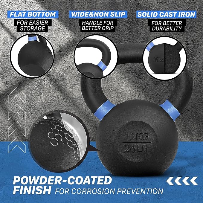 Yes4All Powder Coated Kettlebell, Cast Iron Core Kettlebells with Non-Slip Handle & Flat Bottom for Conditioning, Heavy Duty for Strength Training, 9lb to 71lb - Single & Pair