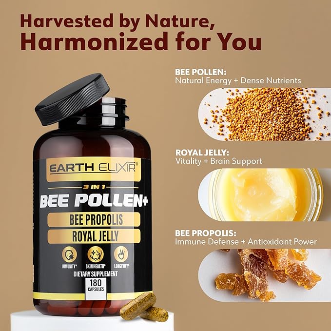 3-in-1 Organic Bee Pollen Capsule – Non-GMO, Pure Raw Bee Pollen, Royal Jelly, Propolis Extract for Women & Men – Natural Energy, Immune & Vitality Support – 180 Propolis Capsules