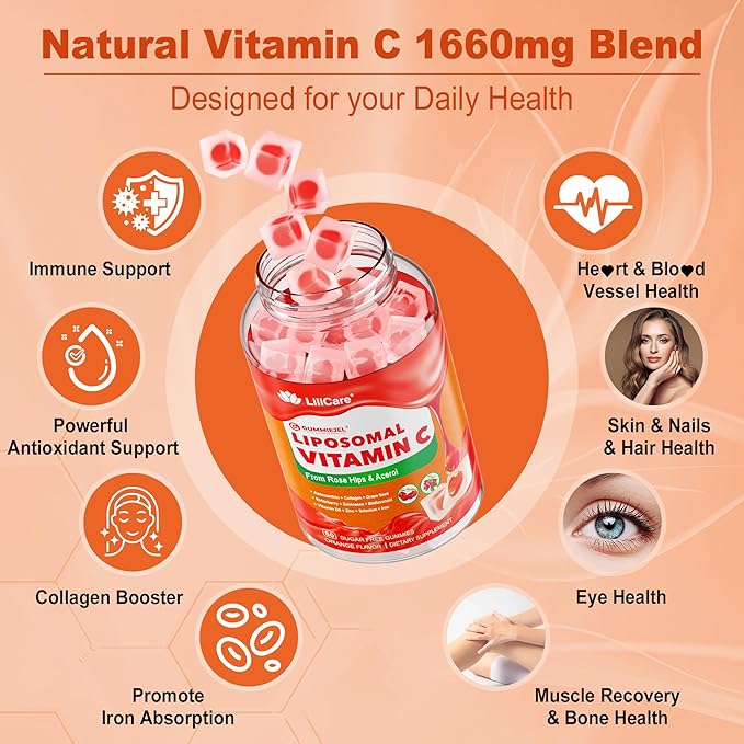 Natural Liposomal Vitamin C 1000mg Gummies for Adults Kids 9+, 1660mg Chewable Vitamin C w/ 11mg Zinc, D3, Elderberry, Echinacea, Bioflavonoid, Immune Support - Organic VIT C from Fruits, Sugar Free