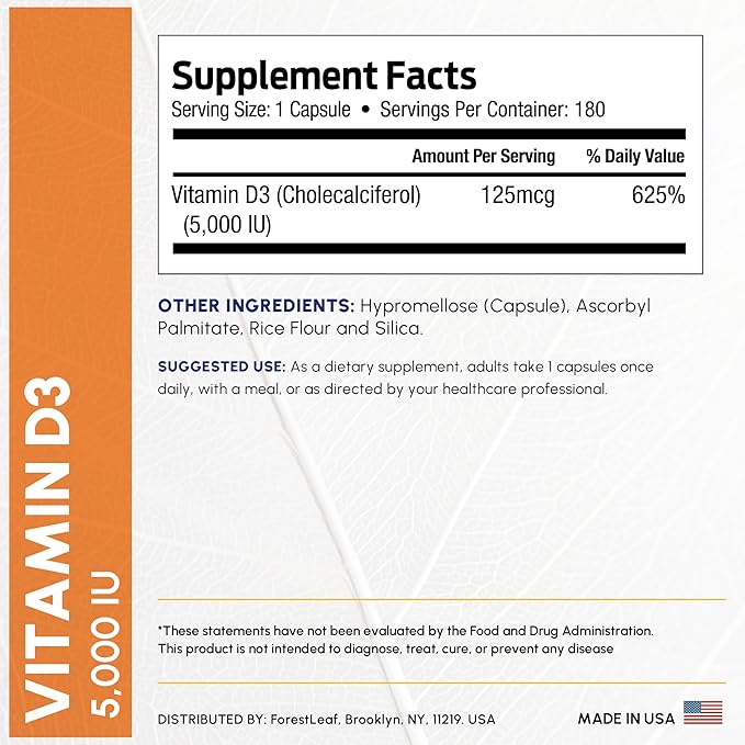 ForestLeaf Vitamin D3 5000 IU | VIT D - VIT D3 Vitamin D Supplements for Women and Men | Bone Health, Teeth and Immune Support | Easy to Swallow Pills | One Capsule Daily, 6-Month Supply, 180 Count