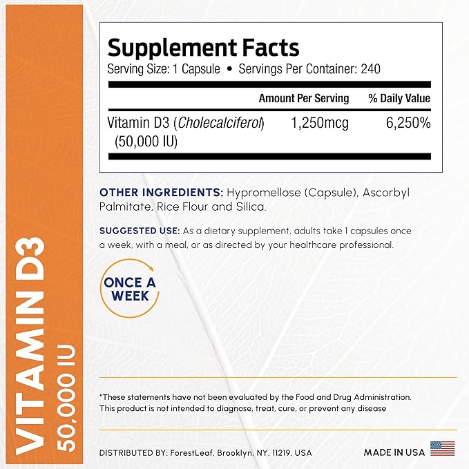 ForestLeaf Vitamin D3 50,000 IU | VIT D - VIT D3 Vitamin D Supplement for Women and Men | Bone Health, Teeth, Immune Support | Easy to Swallow Pills | High Potency WEEKLY Dose, 4-Year Supply, 240 Caps