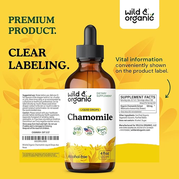 Wild & Organic Chamomile Flowers Tincture - Calming Supplement for Relaxation - Chamomile Extract Liquid Drops - Vegan, Sugar & Alcohol-Free - 4 fl oz