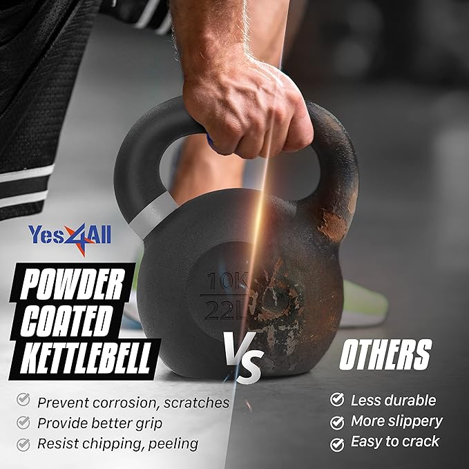 Yes4All Powder Coated Kettlebell, Cast Iron Core Kettlebells with Non-Slip Handle & Flat Bottom for Conditioning, Heavy Duty for Strength Training, 9lb to 71lb - Single & Pair