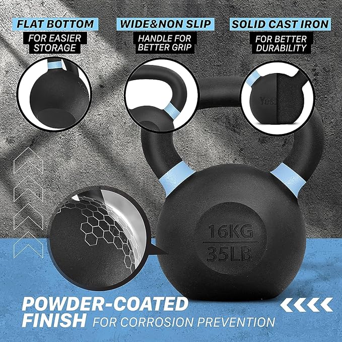 Yes4All Powder Coated Kettlebell, Cast Iron Core Kettlebells with Non-Slip Handle & Flat Bottom for Conditioning, Heavy Duty for Strength Training, 9lb to 71lb - Single & Pair