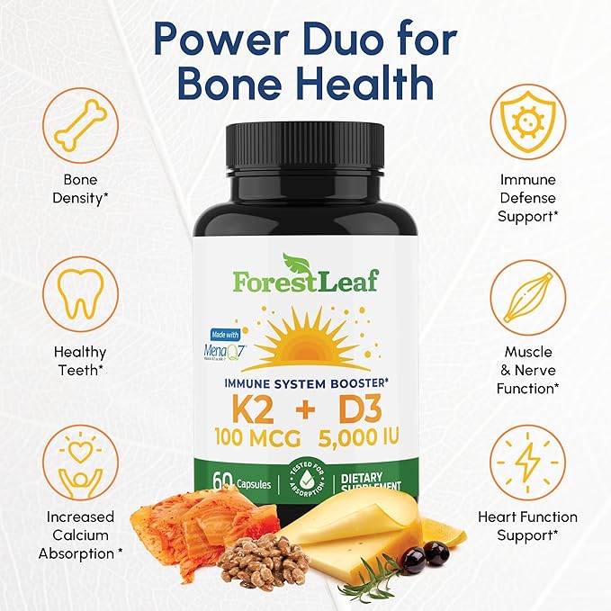 ForestLeaf Vitamin D3 + K2 (MK7) Supplement - MenaQ7 - Calcium and Vitamin D3 5000 IU Max Absorption - Teeth and Bone Strength, Heart Health, Immune System Support - 60 Veggie Capsules