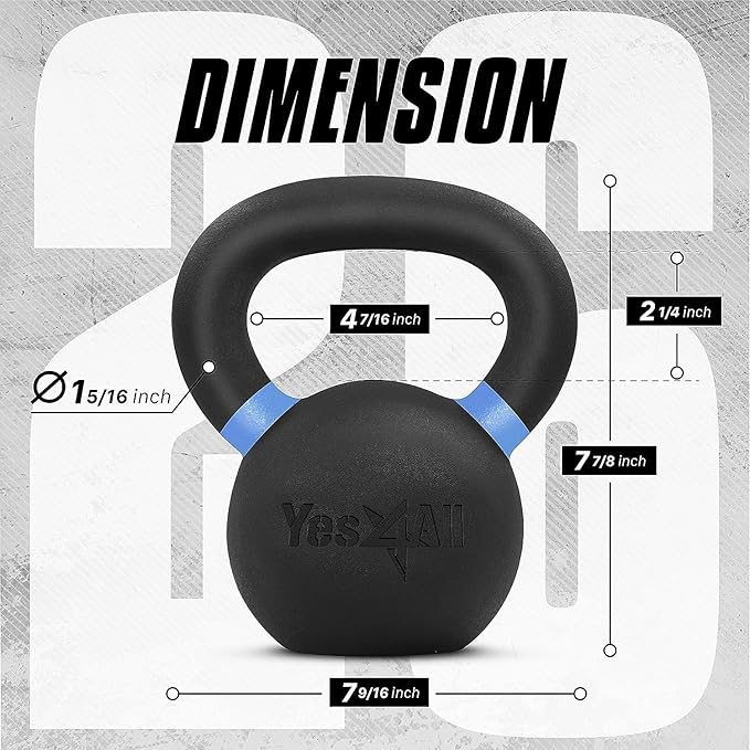 Yes4All Powder Coated Kettlebell, Cast Iron Core Kettlebells with Non-Slip Handle & Flat Bottom for Conditioning, Heavy Duty for Strength Training, 9lb to 71lb - Single & Pair