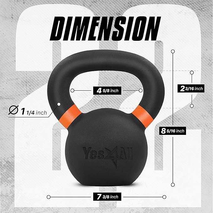Yes4All Powder Coated Kettlebell, Cast Iron Core Kettlebells with Non-Slip Handle & Flat Bottom for Conditioning, Heavy Duty for Strength Training, 9lb to 71lb - Single & Pair